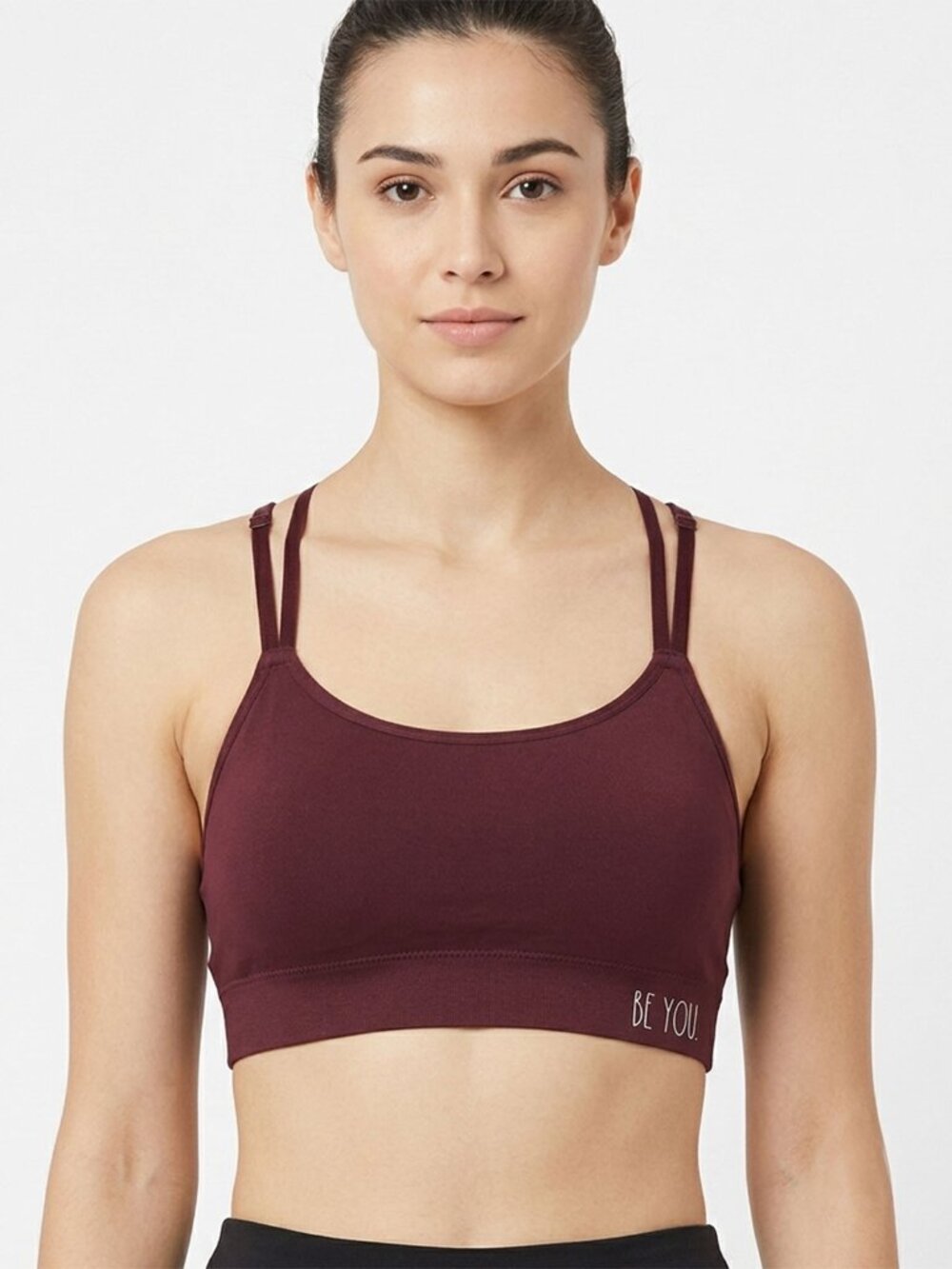 Rae Dunn Light Sports Bra Medium Fig Maroon Padded Double Straps "BE YOU" NWT